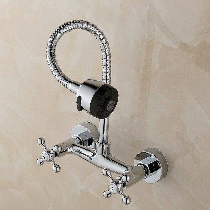 Kitchen Sink Faucet Hot Cold Mixed Taps Stretchable Shower Spray Type Wall Mount Bathroom