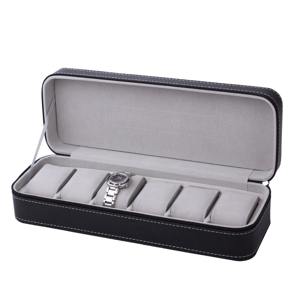 6 Slot Watch Box PU Leather Watch Display Zipper Box