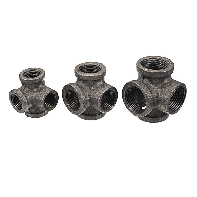 1/2" 3/4" 1" 4 Way Pipe Fitting Malleable Iron Black Side Outlet Tee Female Tube Connector