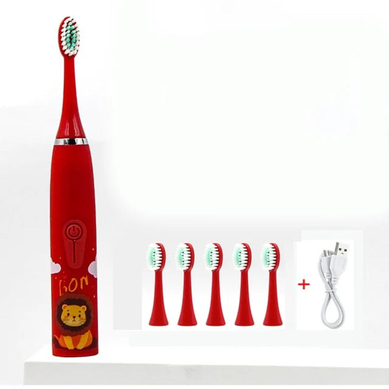 Kids Cartoon Sonic Electric Toothbrush Set with Replacement Heads - Portable Dental Cleaning Device