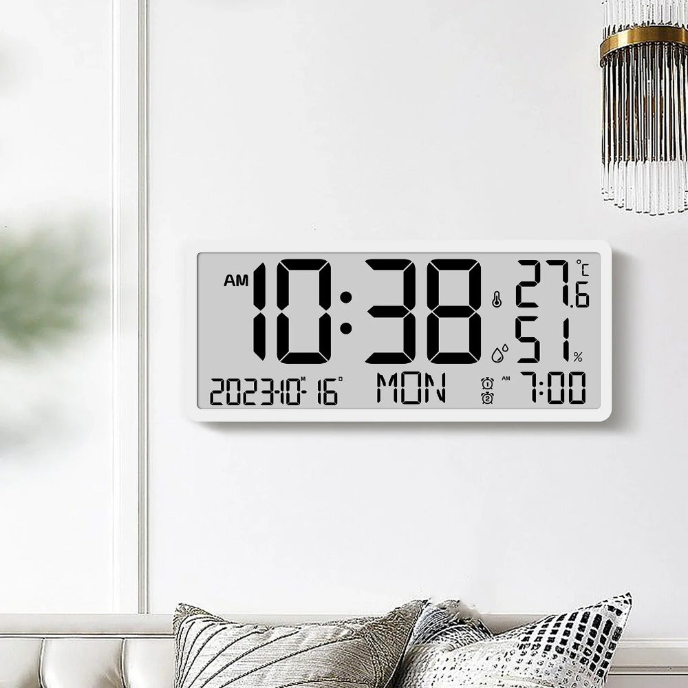 Large LCD Digital Wall Clock with Temperature and Humidity Display, Alarm, Desktop and Hanging Options for Home and Office