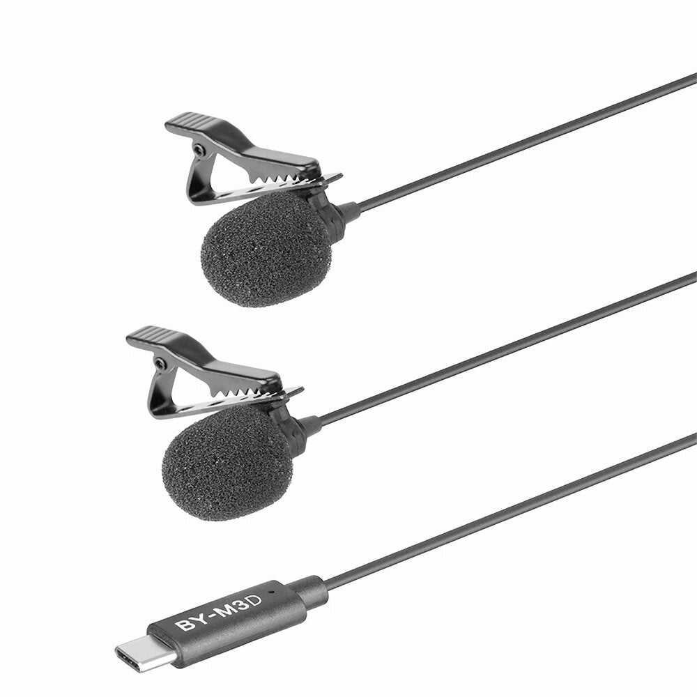 Dual Lavalier Microphone Omnidirectional Digital Clip-on Lapel Collar Mic for USB Type-C Android Smartphone iPad Pro PC 6M
