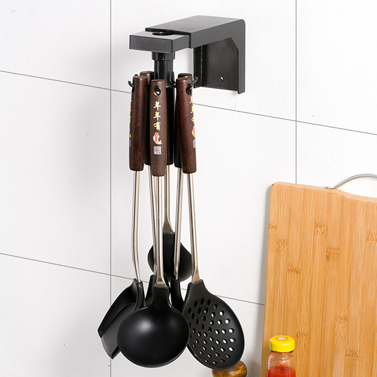 Kitchen Hook Spoon Storage Free Punching Wall Rack Retractable Rotatable Hooks