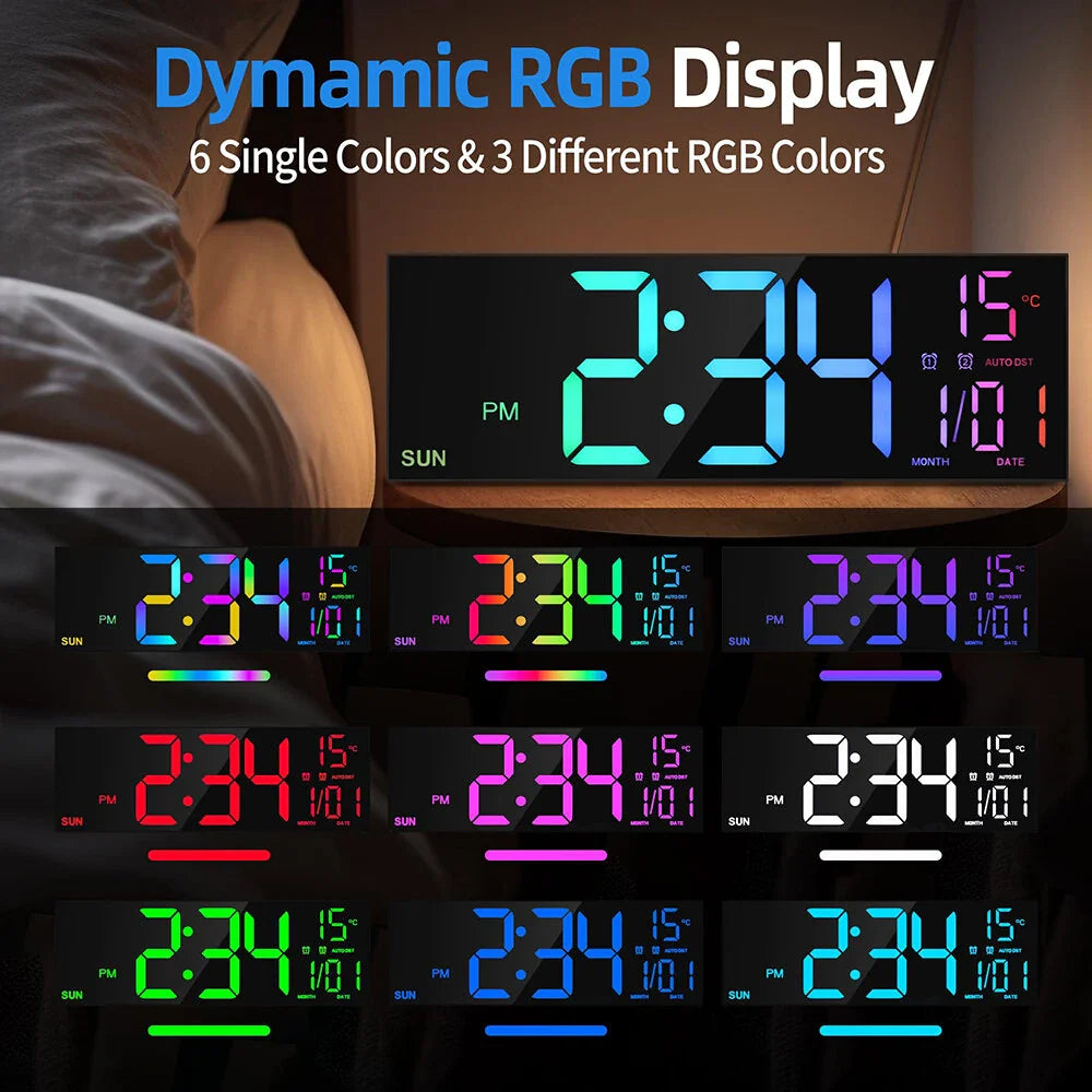 16" LED Digital Wall Clock with Remote, RGB Display, Auto Brightness, Date, Temperature - Ideal for Living Room, Bedroom, Office Decor