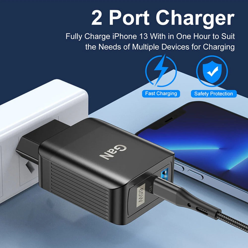 65W GaN Dual USB PD Charger, Fast Charging Adapter for Xiaomi, iPhone, Samsung