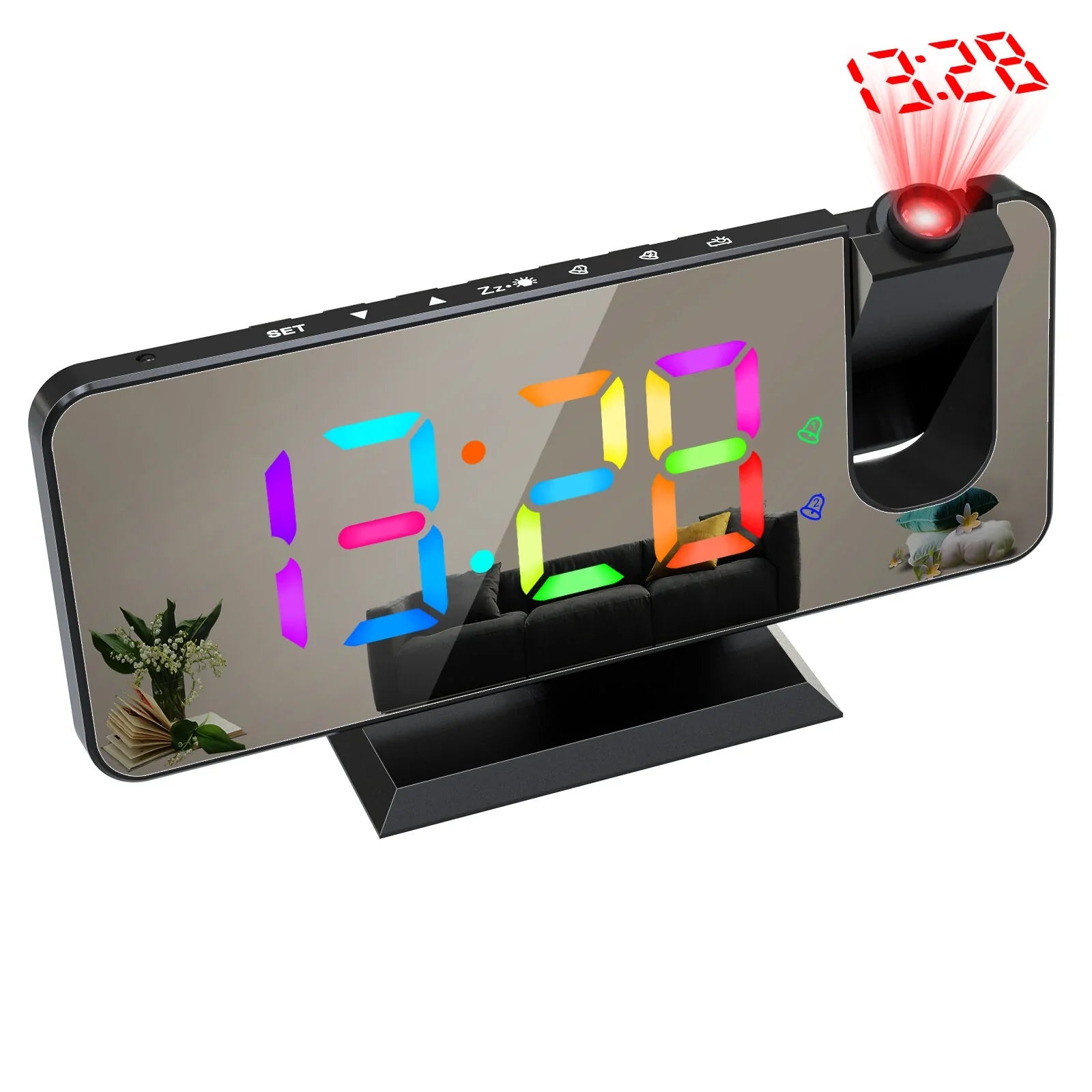 RGB LED Projection Alarm Clock: 180° Projector, 11 Colors, Mirror Surface, USB Charger, Adjustable Brightness - Bedroom/Living Room