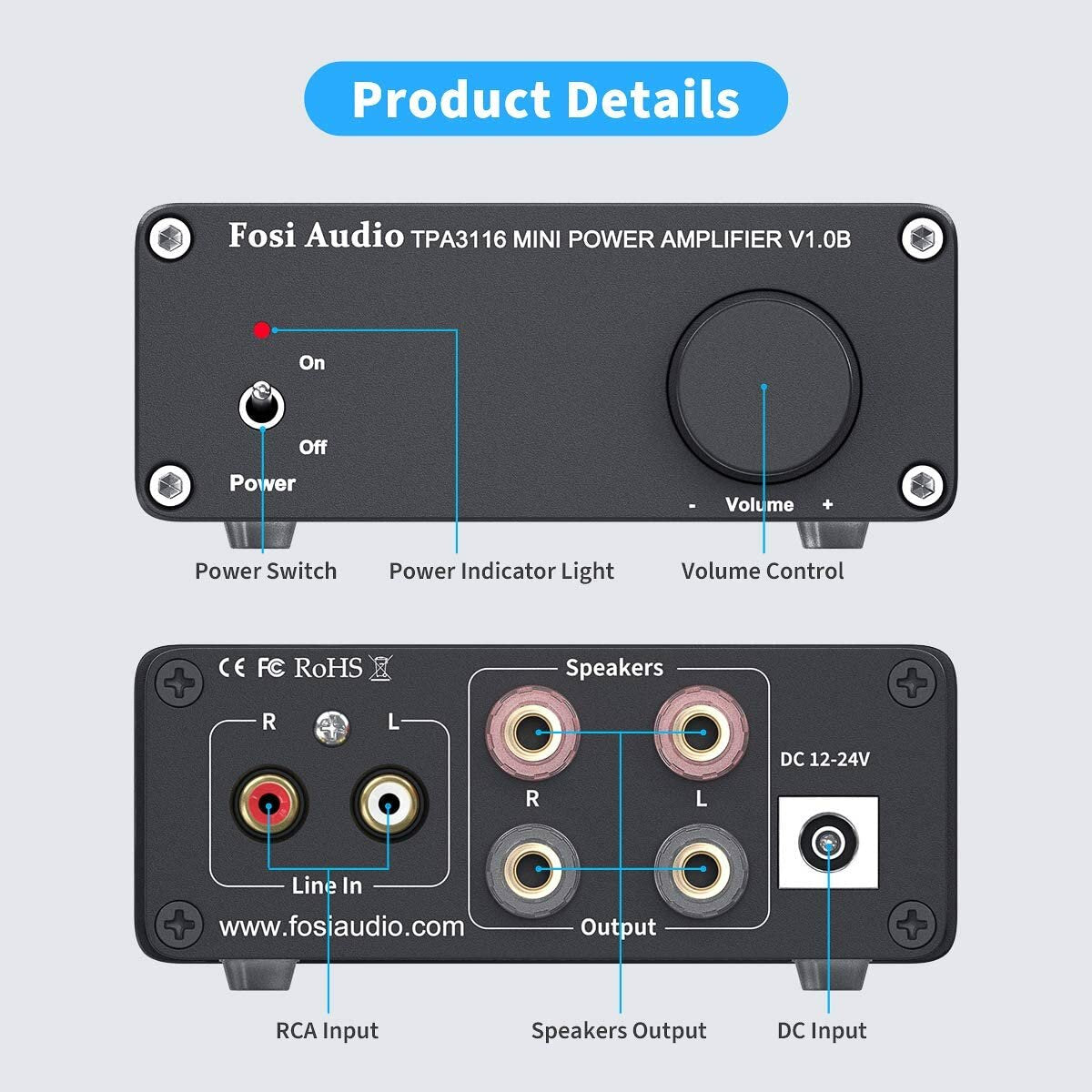 100W 2 Channel Amplifier Stereo Audio Amp Mini Hi-Fi Class D Integrated TPA3116 for Home Speakers, with 19V 4.74A Power Supply