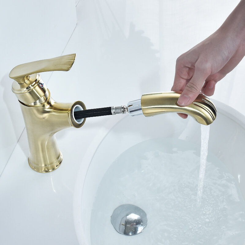 Copper Bathroom Basin Faucet Pull Out Spring Sprayer Tap Hot and Cold Water Single Hole Deck Mount Mixer