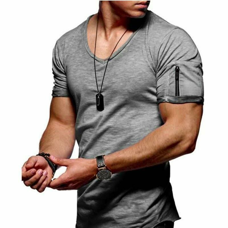 Men's V-neck T-shirt Fitness Bodybuilding T-shirt High Street Summer Short-Sleeved Zipper Casual Cotton Top