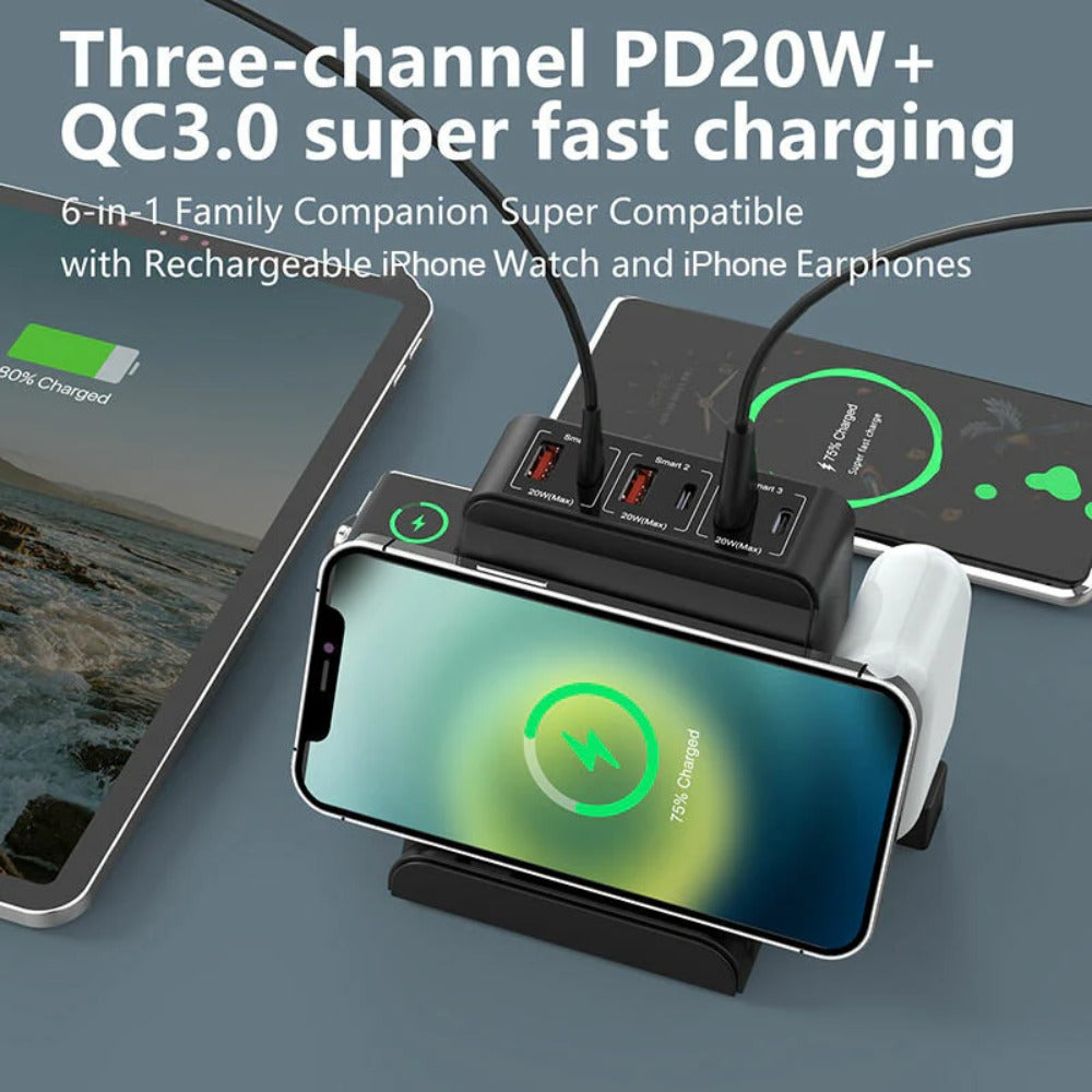 Fast Wireless Charger Pad 15W/10W/7.5W/5W with 6-Port PD20W USB-C & QC3.0 for iPhone, Samsung, Hui, Xiaomi