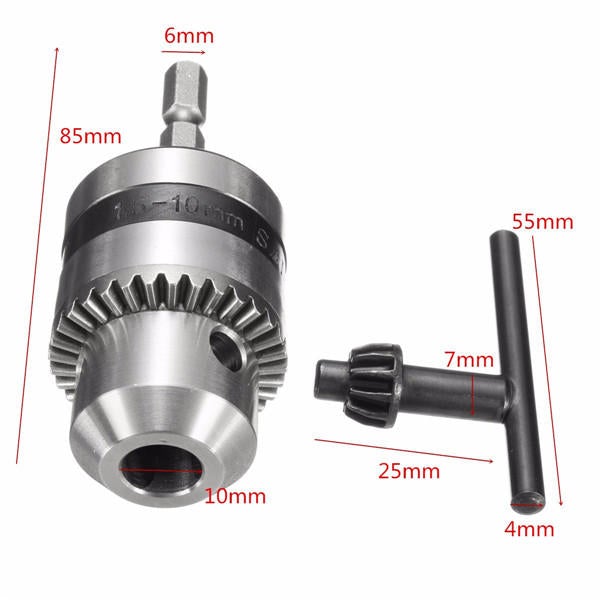 1-10mm Drill Chuck Driver Converter 3/8 Inch 24UNF With 1/4 Inch Hex Shank Key Adaptor