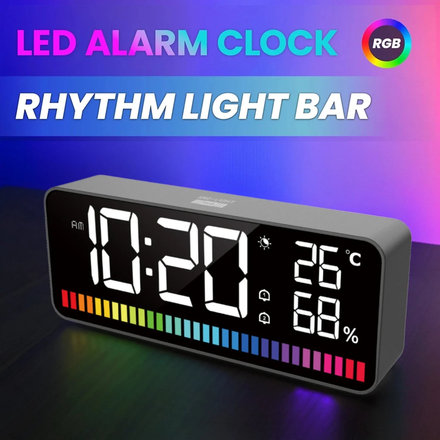 LED Rhythm Light Bar: Dual Alarm, 15 RGB Colors, Sound Control, Night Light, Thermometer, Hygrometer - 1200mAh Battery