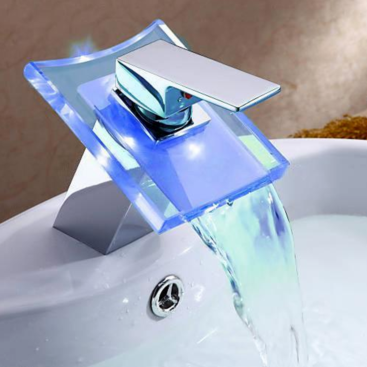 LED Color Changing Waterfall Faucet Bathroom Sink Glass Basin Bathtub Mixer Tap