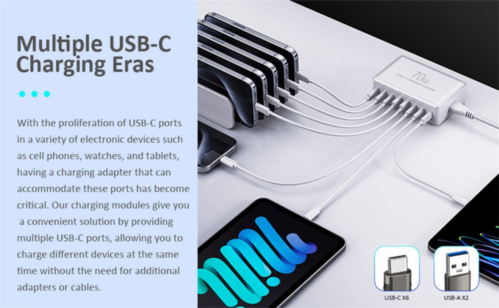 70W 8-Port USB PD Charger, 2 USB-A + 6 USB-C, Fast Charging Station for iPhone, Hui, Xiaomi, Samsung