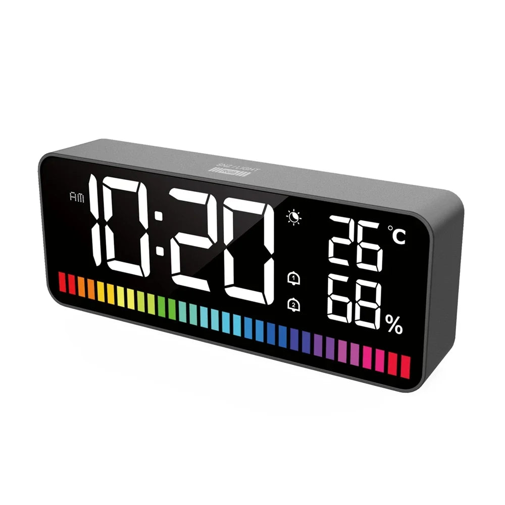 LED Rhythm Light Bar: Dual Alarm, 15 RGB Colors, Sound Control, Night Light, Thermometer, Hygrometer - 1200mAh Battery