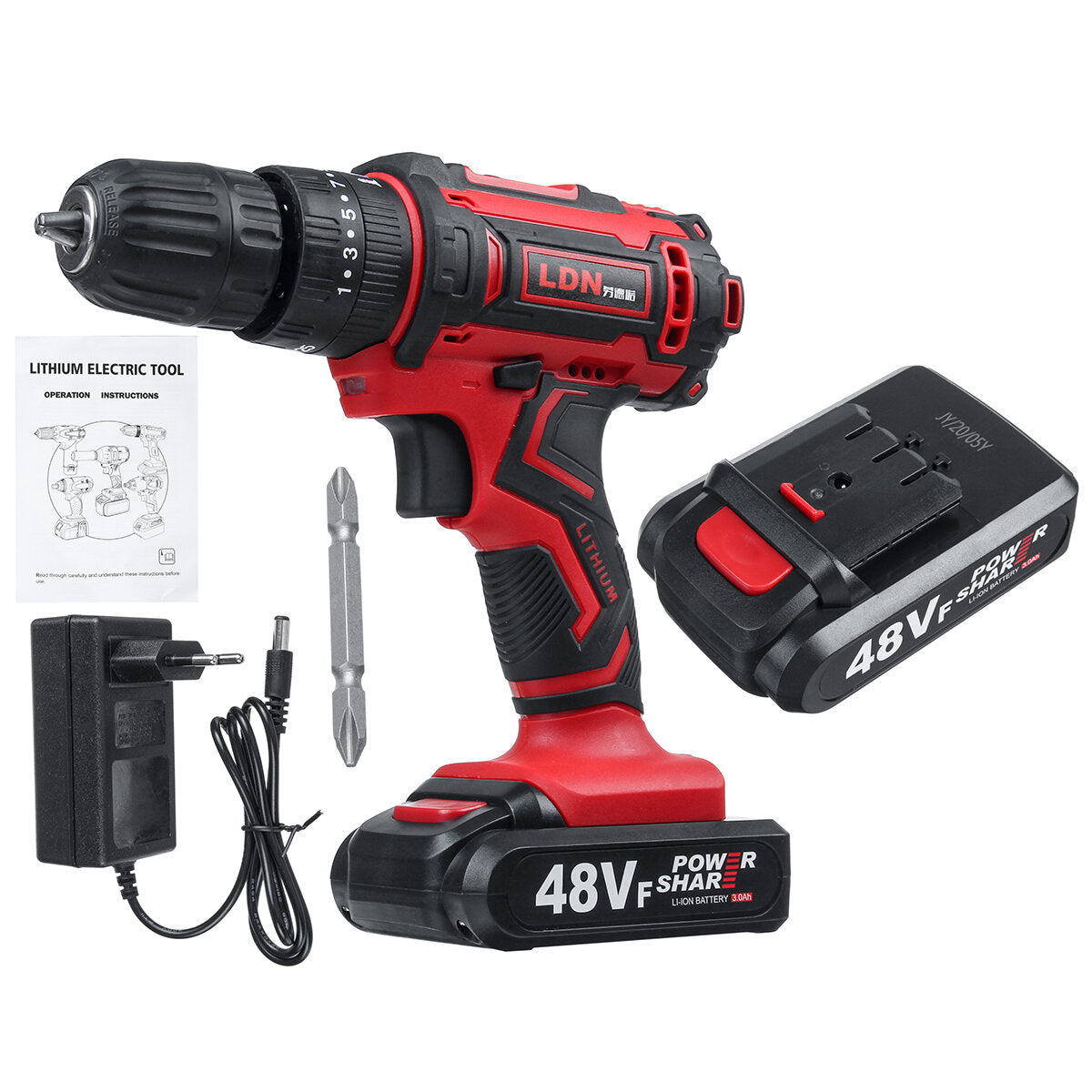 48VF Cordless Electric Impact Drill Rechargeable Drill Screwdriver W/ 1 or 2 Li-ion Battery