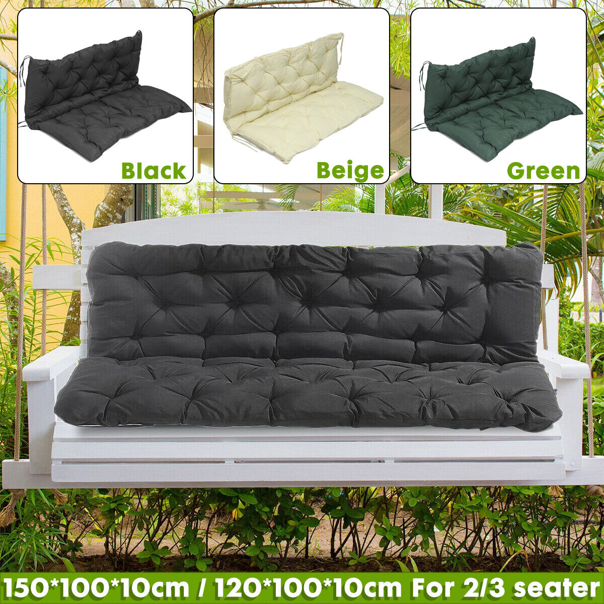 2/3 Seater Bench Swing Seat Cushion Garden Furniture Pad Backrest Polyester Mat