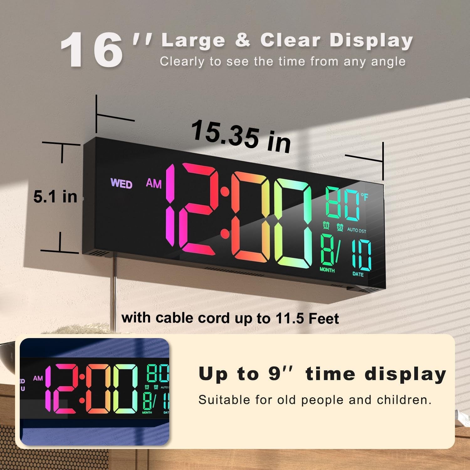 16" LED Digital Wall Clock with Remote, RGB Display, Auto Brightness, Date, Temperature - Ideal for Living Room, Bedroom, Office Decor