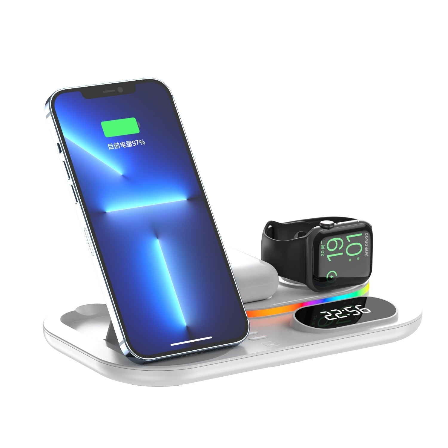 15W 4-in-1 Wireless Charger with Clock & RGB Lights for iPhone, Samsung, AirPods, Apple Watch