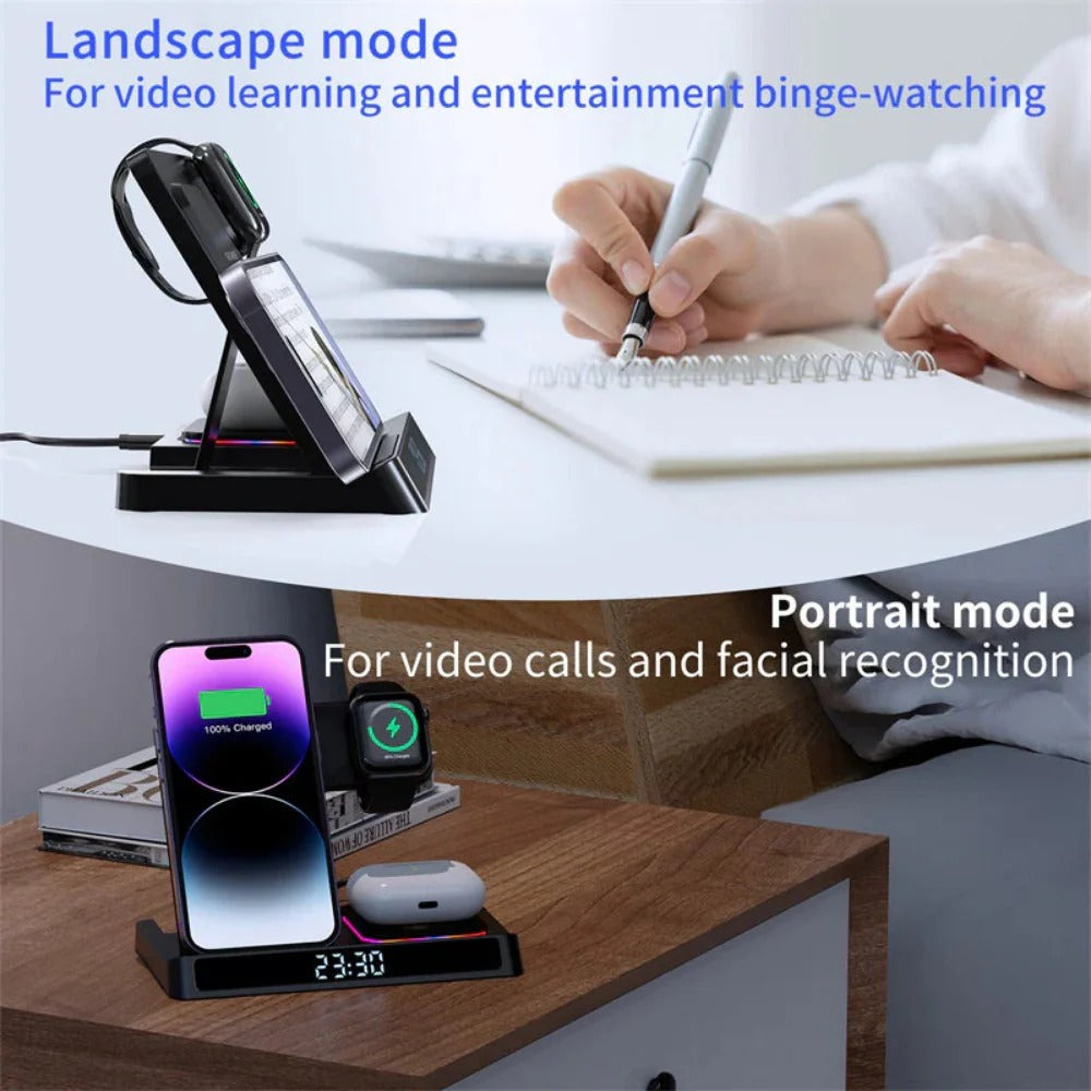 15W Wireless Foldable Charger with Digital Clock for iPhone, Xiaomi, Hui, Apple Watch, AirPods