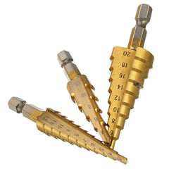 3Pcs 1/4 Inch Hex Shank HSS Titanium Coated Step Drill Bit Set 3-12/4-12/4-20mm