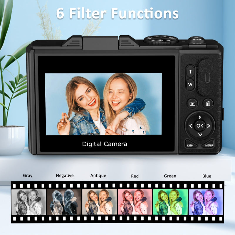 4K 64MP Vlogging Camera with 32G TF Card, 3" Flip Screen, 16X Zoom, Flash, Compact for Travel