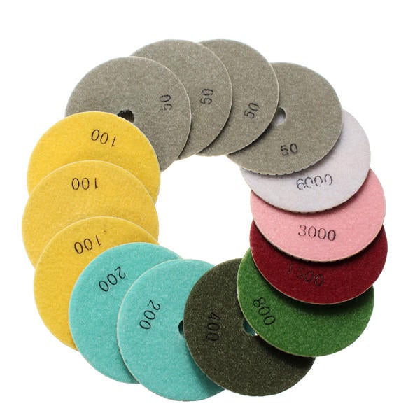 15pcs 4 Inch Polishing Pads Set 50-6000 Grit Wet Dry Diamond Polishing Pads with Self-Adhesive Disc