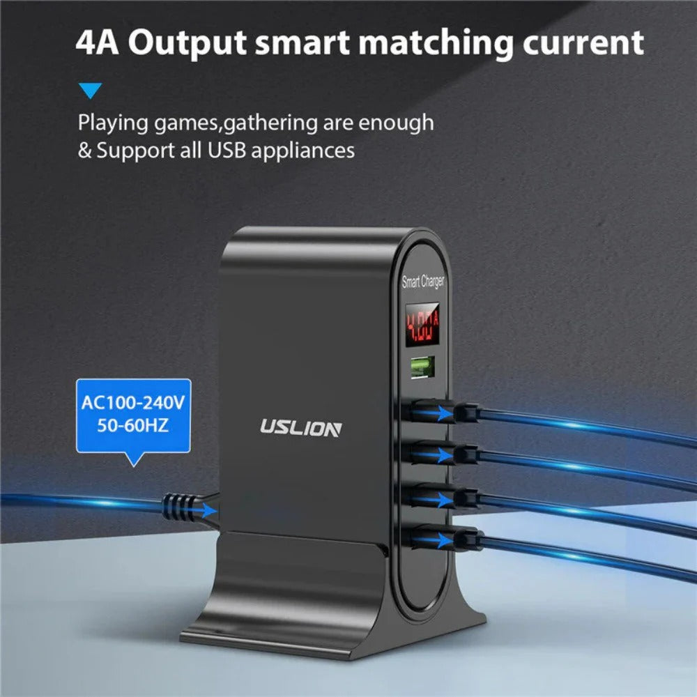 4A 5-Port USB Charger Fast Charging Station Adapter for iPhone, Hui, Samsung, Xiaomi