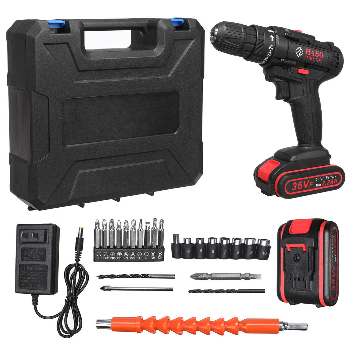 36V Electric Cordless Drill Screwdriver Dual Speed 25 Torque LED with Li-ion Battery