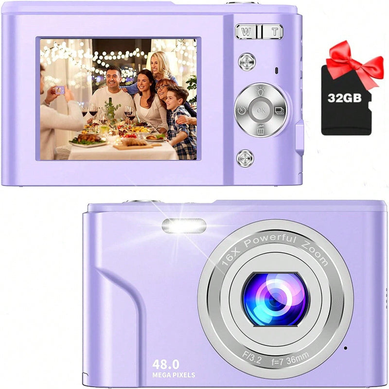 Auto Focus Digital Camera, FHD 1080P/48MP, 32GB Card, 16X Zoom, Portable for Beginners