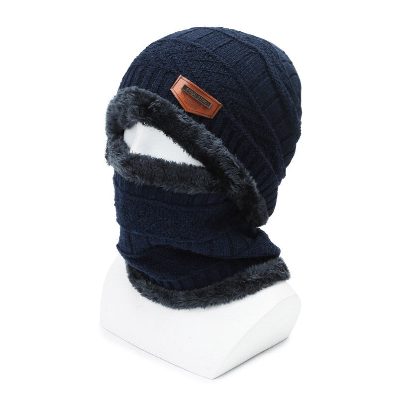 Winter Padded Hat Scarf Set Warm Knitted Cap Thick Fleece Lining Neck Warmer for Men Women