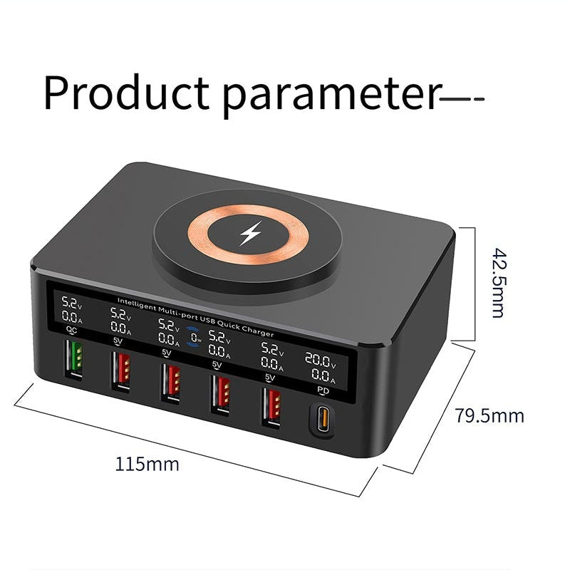 65W 6-Port USB PD Charger, Fast Wireless Charging Station for iPhone, Hui, Xiaomi, Samsung