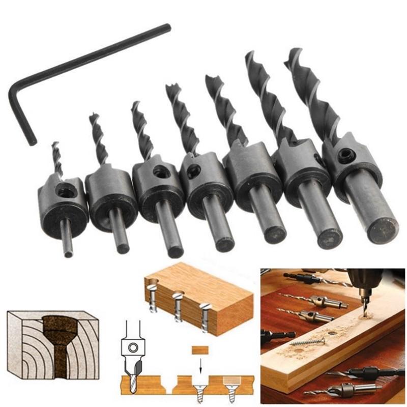 7pcs 3mm-10mm 5 Flutes Countersink Drill Bit Set HSS Carpentry Reamer Woodworking Chamfer