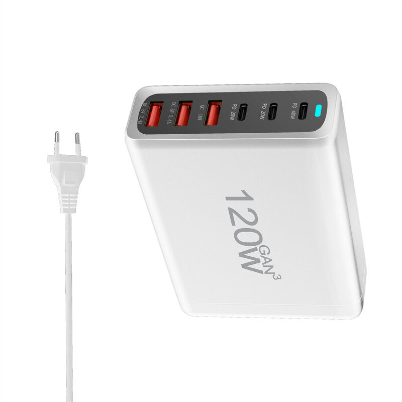 120W GaN 6-Port USB PD Charger Fast Charging Station for iPhone, Xiaomi, Hui, MacBook