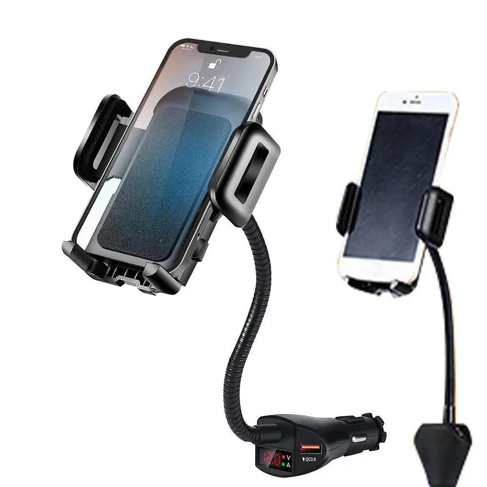 3-in-1 Car Cigarette Lighter Phone Holder & Dual USB Charger with Voltage Detector