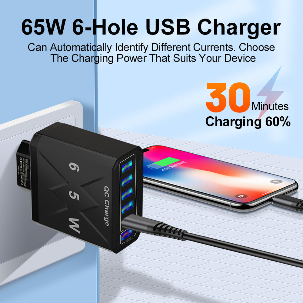 65W 6-Port USB Charger, QC3.0 Fast Charging Adapter for iPhone, Samsung, Hui, Oppo, Redmi