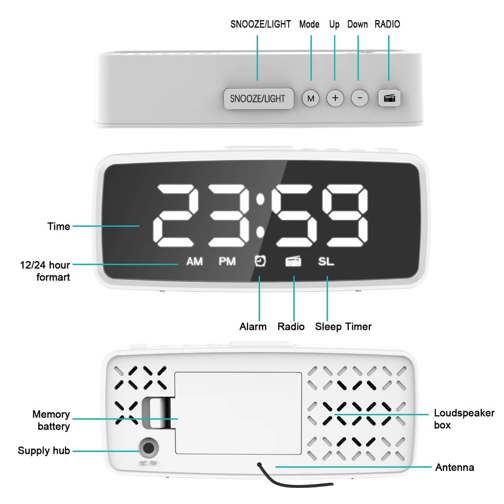 USB-Rechargeable LED Mirror Digital Alarm Clock with Snooze Mode