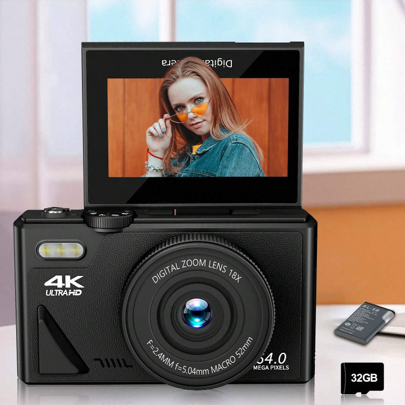 4K 64MP Vlogging Camera with 32G TF Card, 3" Flip Screen, 16X Zoom, Flash, Compact for Travel