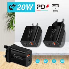 Dual 20W USB-C PD3.0 QC3.0 Fast Charger Adapter EU Plug for iPhone, Hui, Samsung