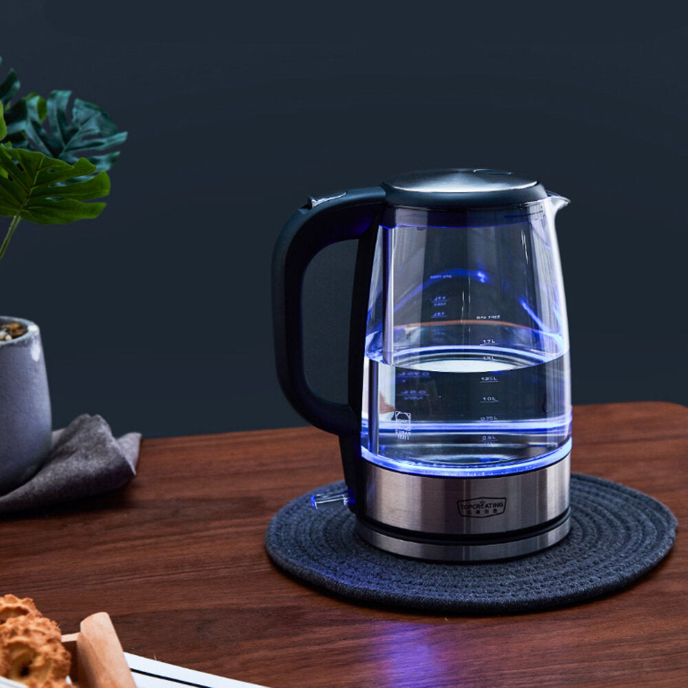 1.7L 1800W Electric Water Kettle Stainless Steel Glass Temperature Color Light Display Kitchen