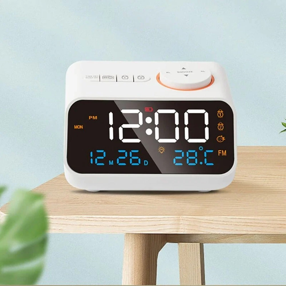 Digital FM Radio Alarm Clock with Dual Alarms, Snooze, Temperature, Date Display, and Memory Function