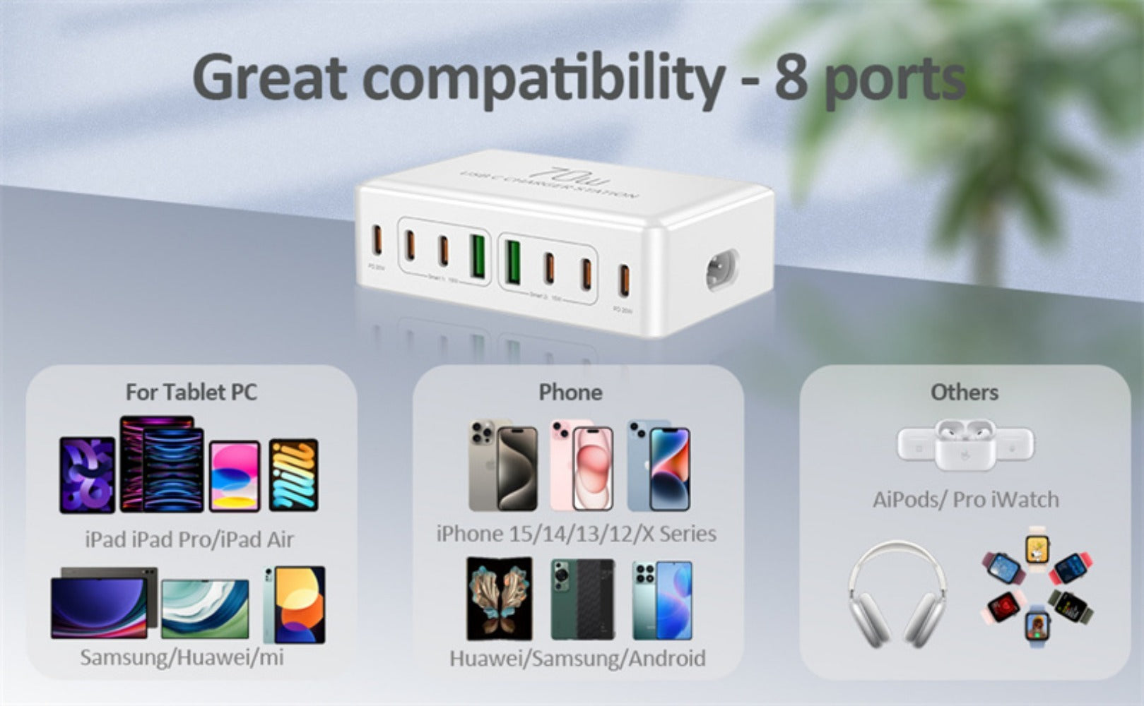 70W 8-Port USB PD Charger, 2 USB-A + 6 USB-C, Fast Charging Station for iPhone, Hui, Xiaomi, Samsung