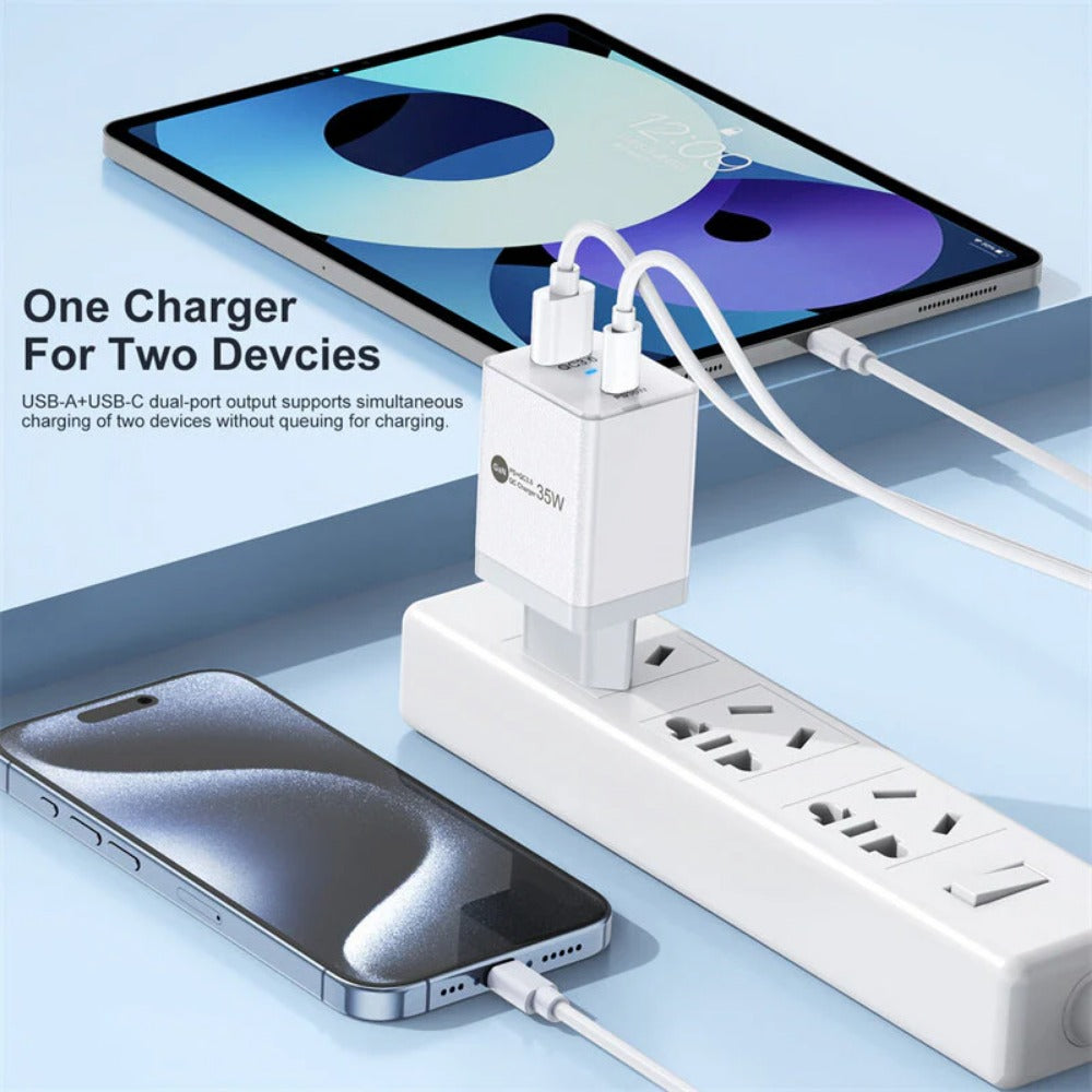 35W GaN USB PD Charger, 2-Port USB-A/USB-C, Fast Charging, EU Plug for iPhone, Xiaomi, Hui, Samsung