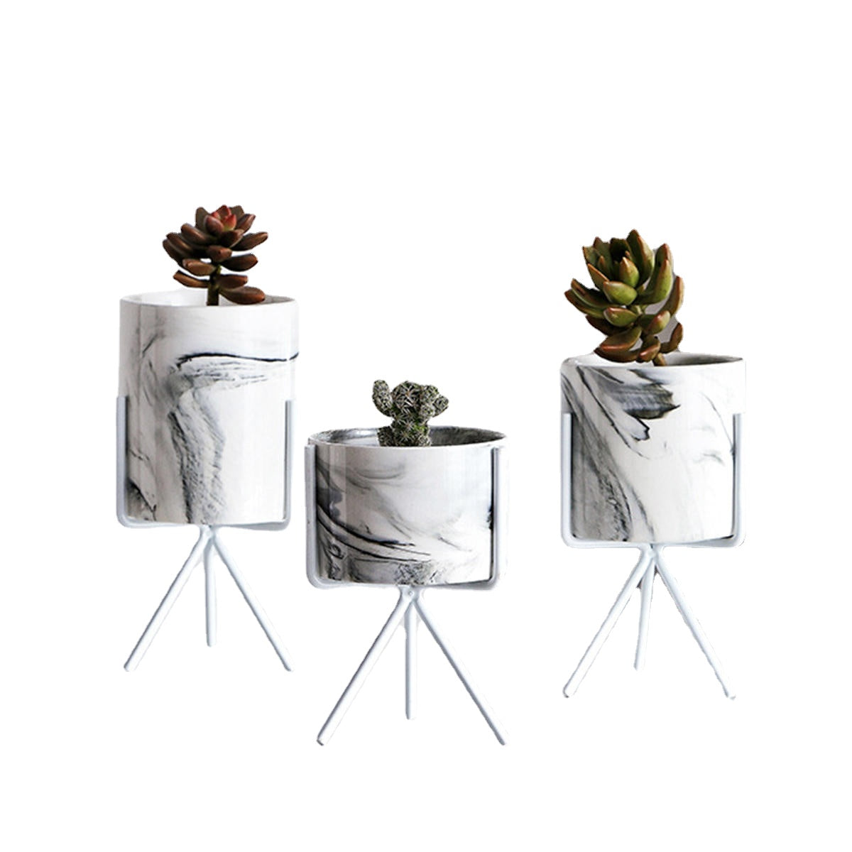 S/M/L Nordic Style Flower Pot Iron Wire Metal Rack Marble Ceramic Succulent Plant Pot Cactus Decoration Basin with Stand