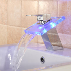 LED Color Changing Waterfall Faucet Bathroom Sink Glass Basin Bathtub Mixer Tap