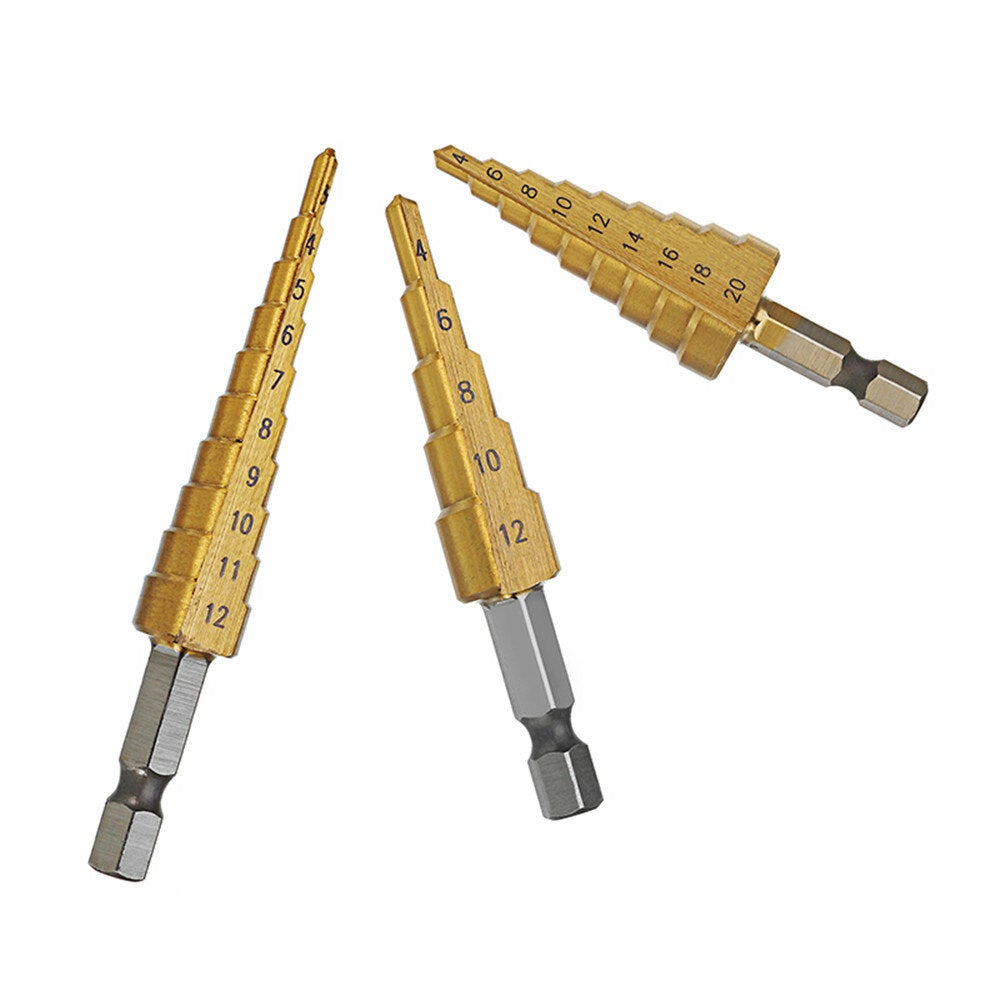 3Pcs 1/4 Inch Hex Shank HSS Titanium Coated Step Drill Bit Set 3-12/4-12/4-20mm