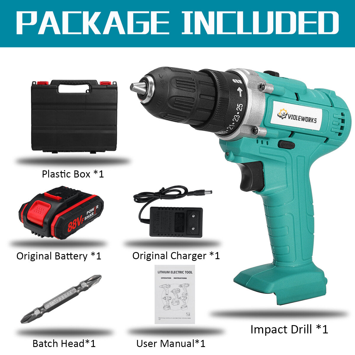 88VF Cordless Electric Impact Drill 2 Speed Hand Screwdriver Drill 25+1 Torque 3/8" Chuck