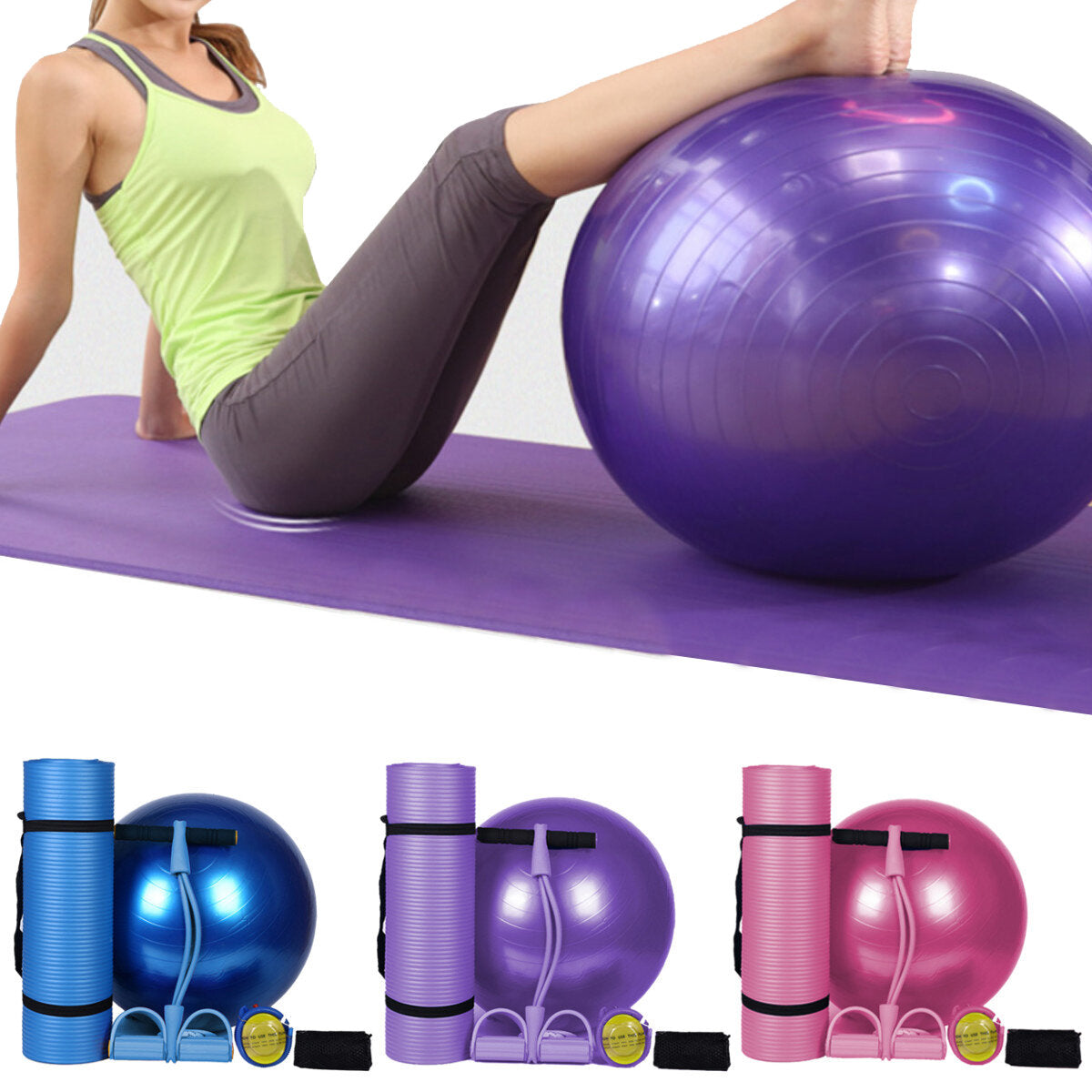 3Pcs/Set Body Shaping Fitness Yoga Ball + Yoga Mat Pad + Pedal Puller Latex Abdominal Trainer