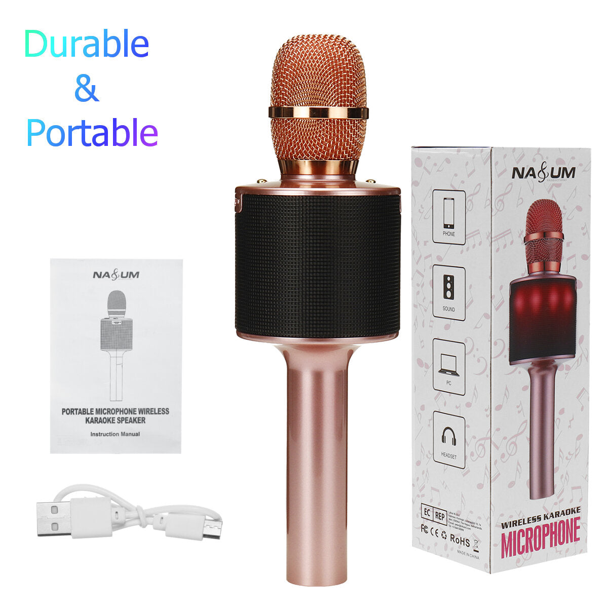 Wireless Microphone bluetooth Speaker HIFI TF Card AUX-In Luminous 2600mAh Music Player Recorder for K Songs Karaoke KTV Singing