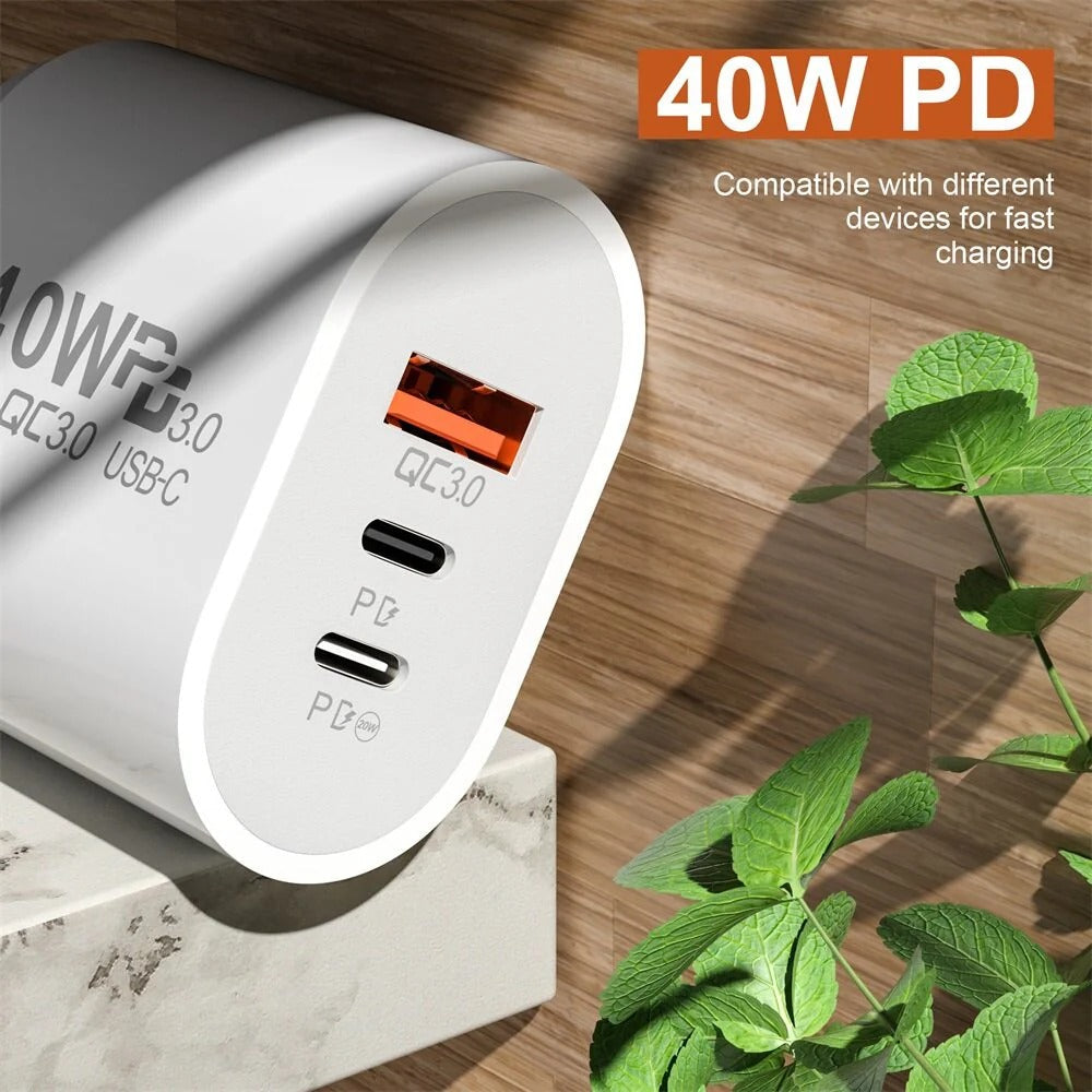 40W 3-Port USB PD Charger, Dual USB-C+USB-A, Fast Charging Adapter for iPhone, Samsung, Hui